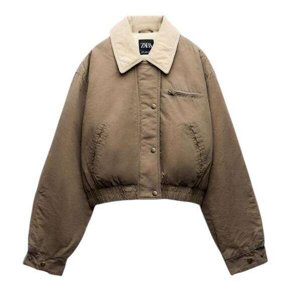 Zara Grungecore Waxed Bomber Jacket Women's size Medium Contrast Corduroy Collar - Picture 15 of 16